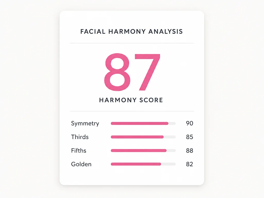 Face report score card showing a harmony score with four dimension bars for symmetry, thirds, fifths, and golden ratio