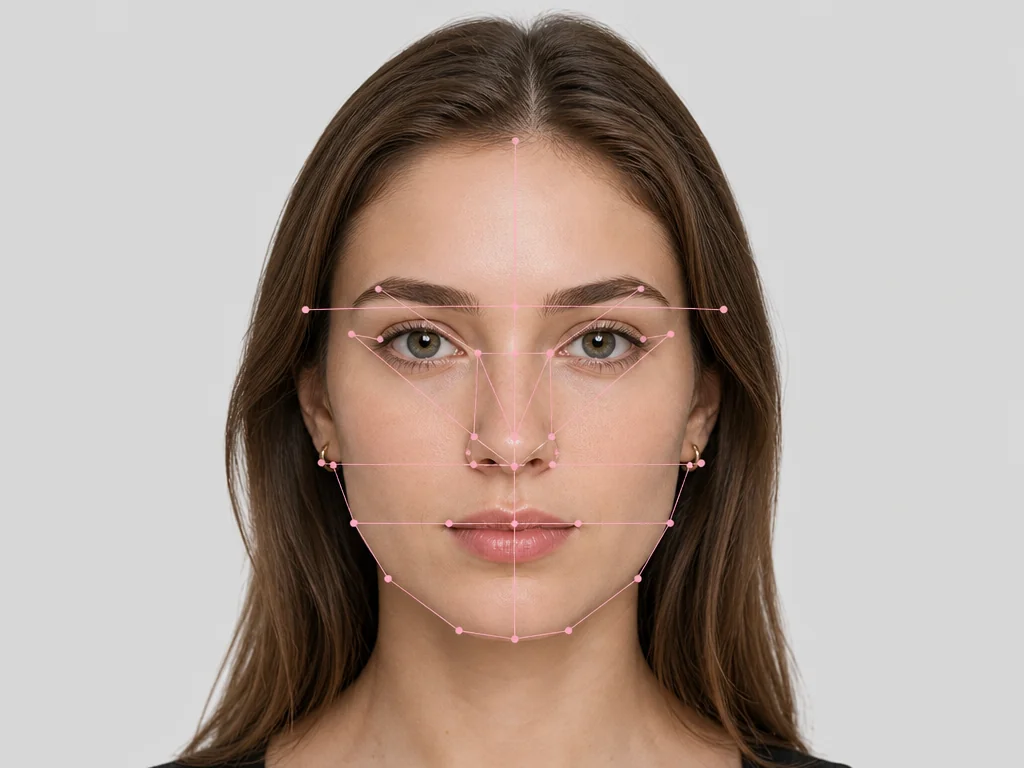 Face report view showing pink facial landmark points and measurement lines drawn over a portrait